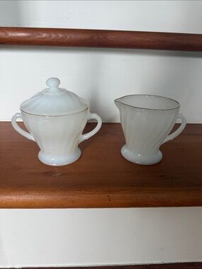 Anchor Hocking White Milk Glass Creamer and Sugar Bowl with Gold Trim